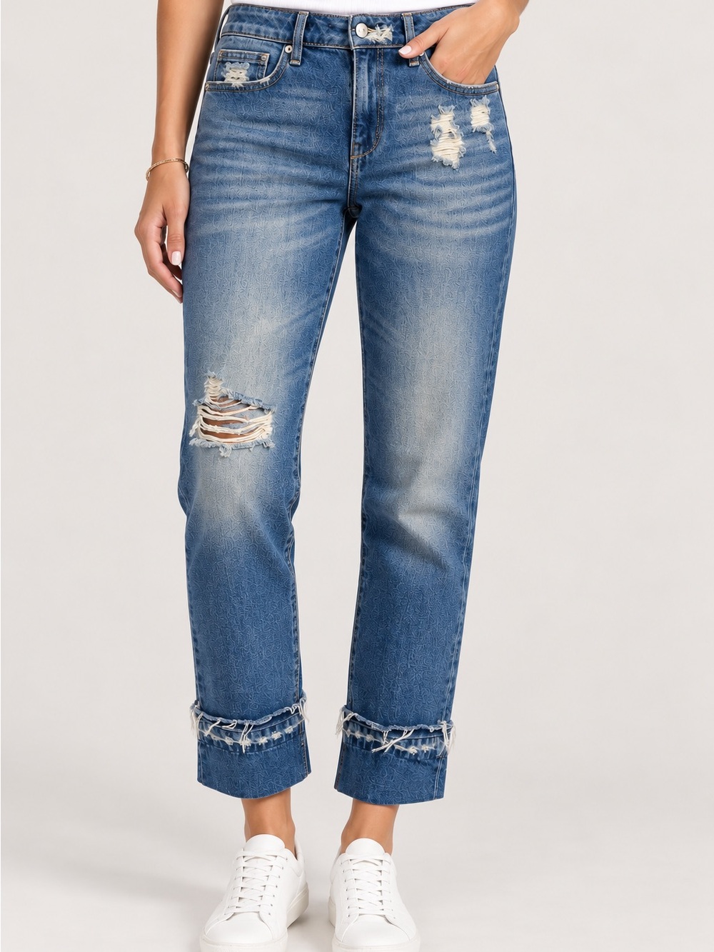 Hidden Jeans Distressed Cuffed Boyfriend Jeans Medium Wash Size 27